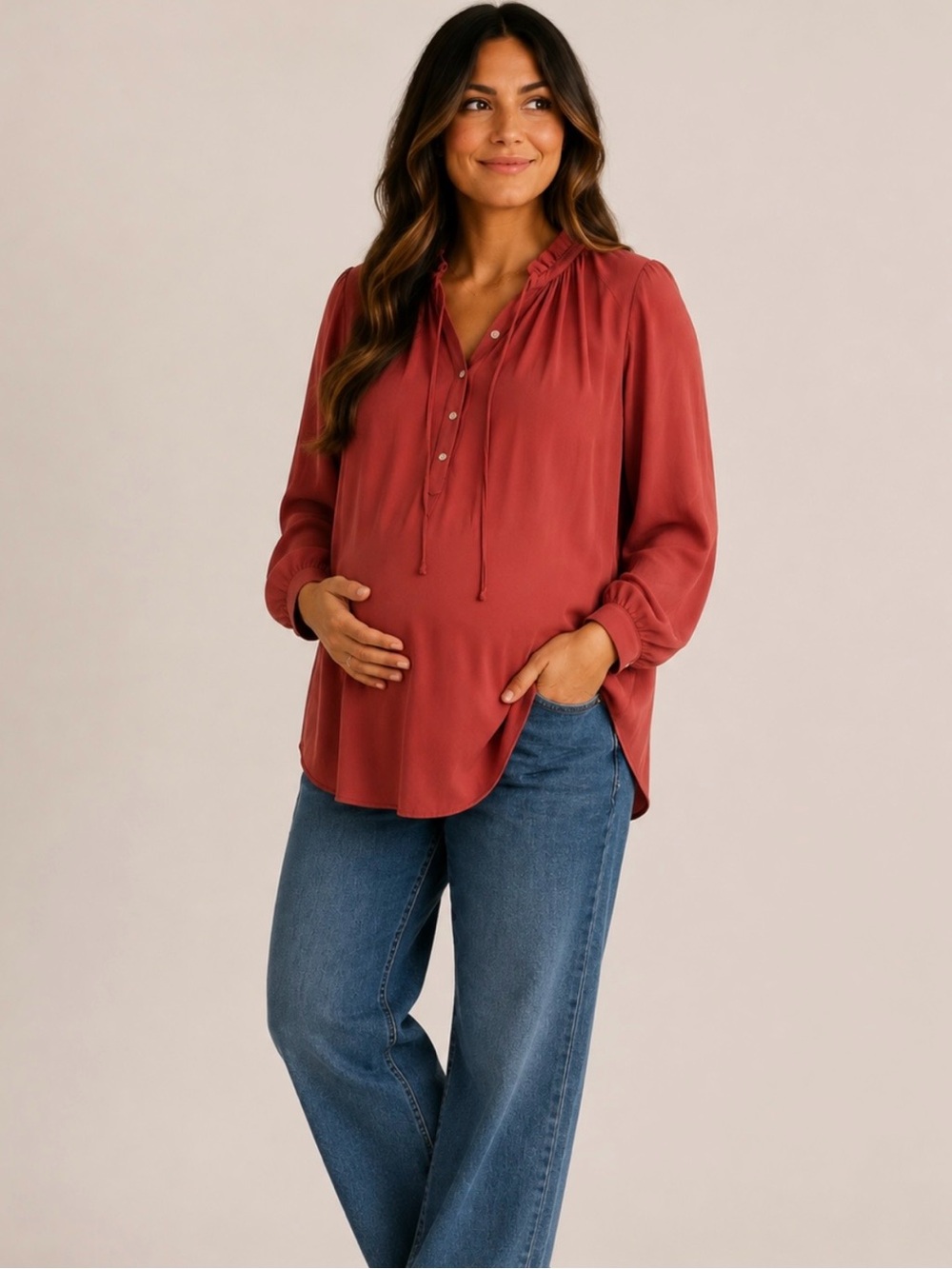Boho pink maternity popover top with tie. Lg. Loft. Great for the office